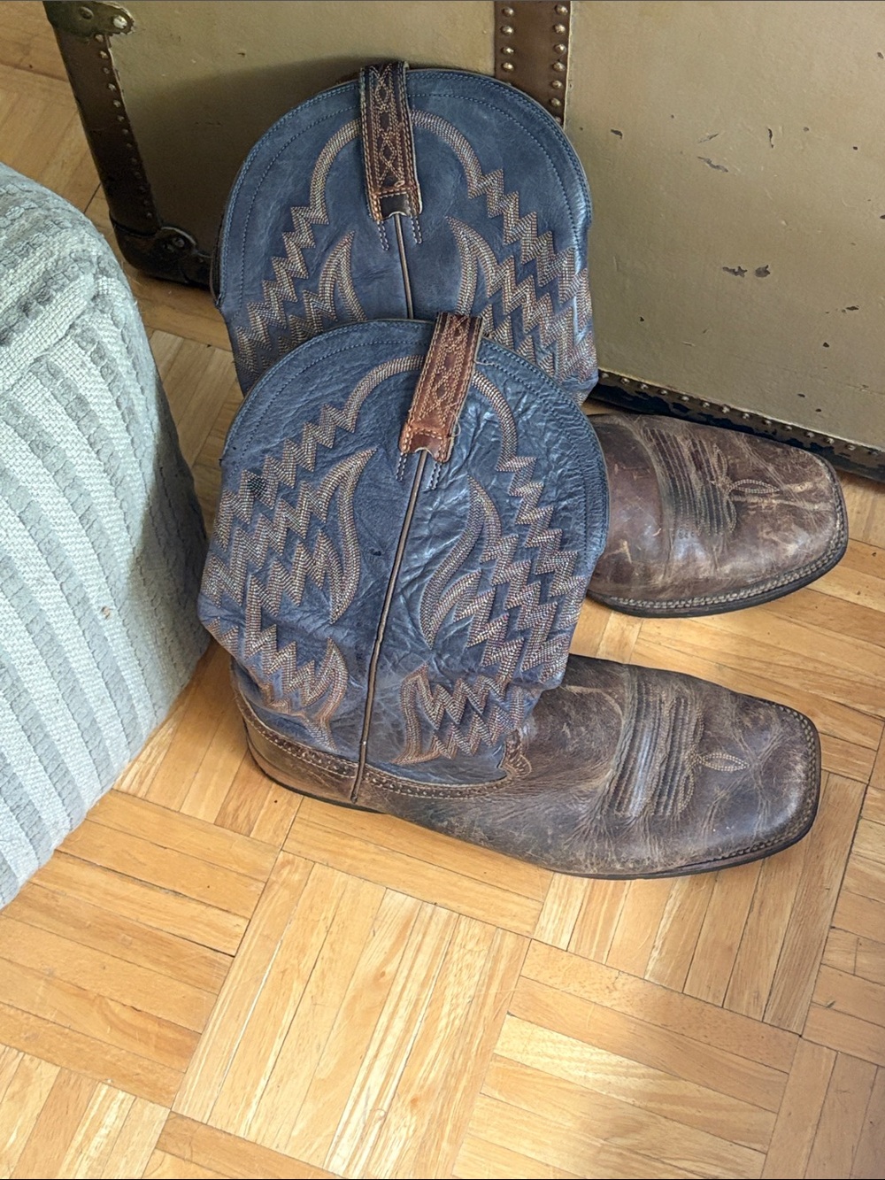 Men's Western Leather Cowboy Boots - Brown with Blue